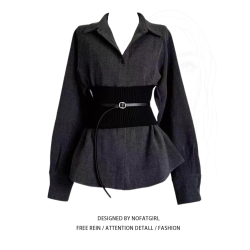 大碼胖MM法式灰色長袖襯衫女秋季2025新款收腰顯瘦高級感氣質上衣