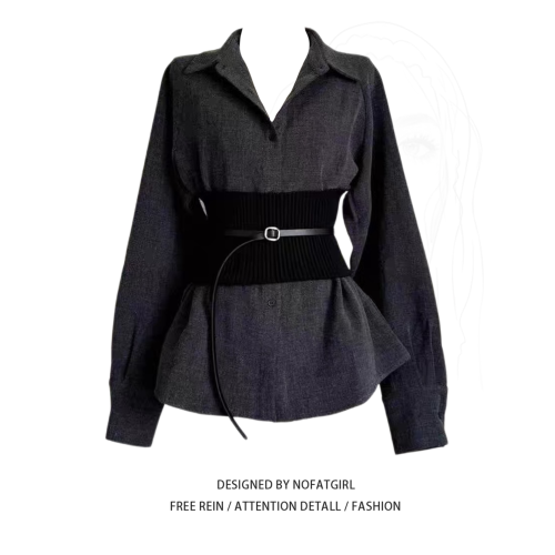 大碼胖MM法式灰色長袖襯衫女秋季2025新款收腰顯瘦高級感氣質上衣