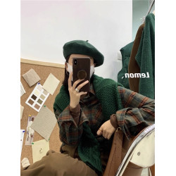 法式曡穿磨毛格子長袖襯衫女學院風秋冬新款韓系寬鬆休閒上衣打底