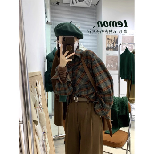 法式曡穿磨毛格子長袖襯衫女學院風秋冬新款韓系寬鬆休閒上衣打底