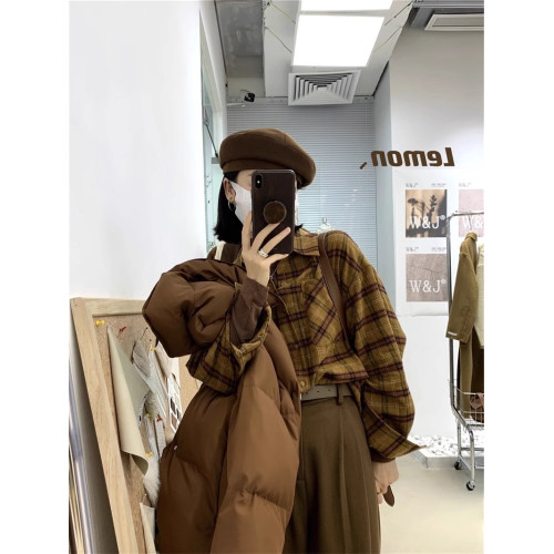 法式曡穿磨毛格子長袖襯衫女學院風秋冬新款韓系寬鬆休閒上衣打底