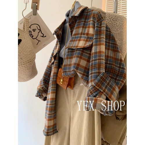 法式復古磨毛格子襯衫外套女春秋秋季2025新款小個子襯衣上衣女款