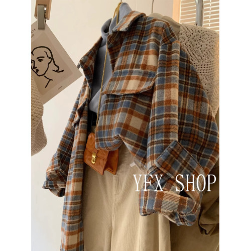 法式復古磨毛格子襯衫外套女春秋秋季2025新款小個子襯衣上衣女款