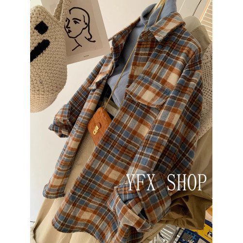 法式復古磨毛格子襯衫外套女春秋秋季2025新款小個子襯衣上衣女款