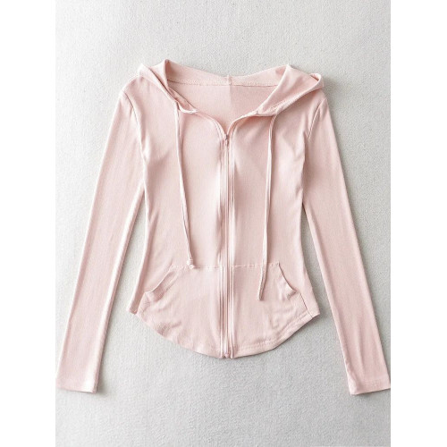 彈力連帽收腰打底衫歐美風修身顯身材辣妹氣質薄款衛衣女防曬開衫