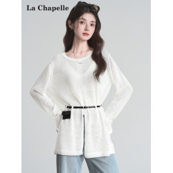 拉夏貝爾韓系時尚開叉天絲亞麻長袖針織衫夏季女款修身顯瘦上衣潮