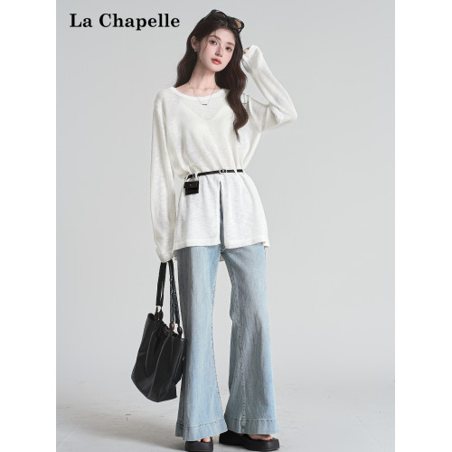 拉夏貝爾韓系時尚開叉天絲亞麻長袖針織衫夏季女款修身顯瘦上衣潮