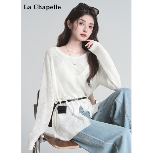 拉夏貝爾韓系時尚開叉天絲亞麻長袖針織衫夏季女款修身顯瘦上衣潮