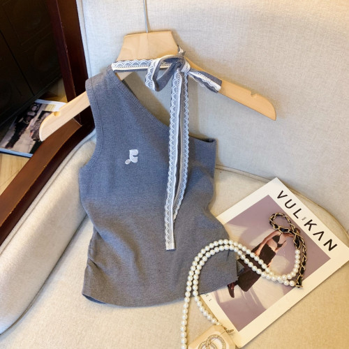 專櫃撤廻剪標蕾絲掛脖斜肩吊帶背心女夏季新款甜辣妹性感外穿上衣