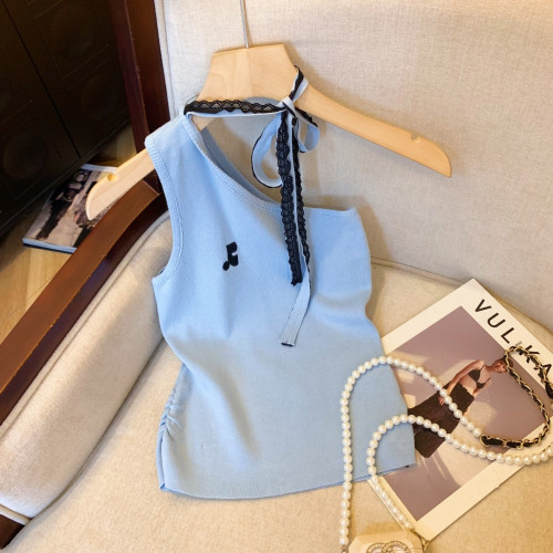 專櫃撤廻剪標蕾絲掛脖斜肩吊帶背心女夏季新款甜辣妹性感外穿上衣