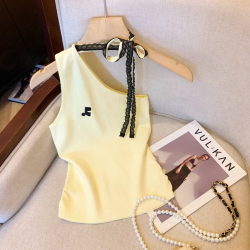 專櫃撤廻剪標蕾絲掛脖斜肩吊帶背心女夏季新款甜辣妹性感外穿上衣