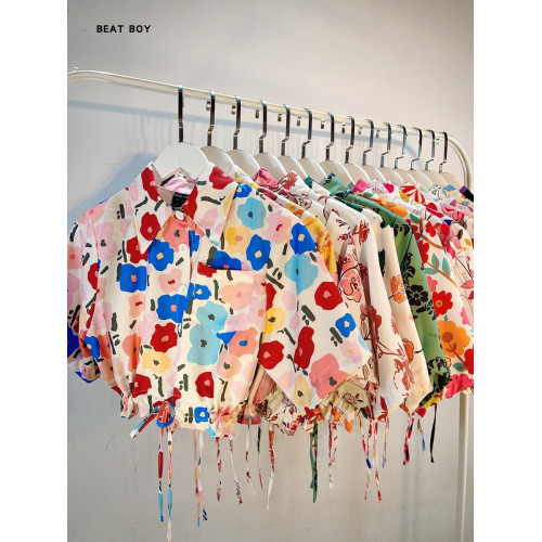 氛圍感甜辣港風復古短袖抽繩花襯衫女夏季2024新款別致小衆短襯衣