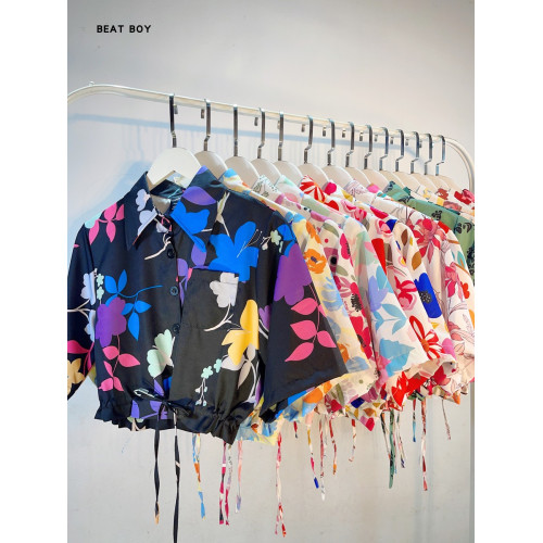 氛圍感甜辣港風復古短袖抽繩花襯衫女夏季2024新款別致小衆短襯衣