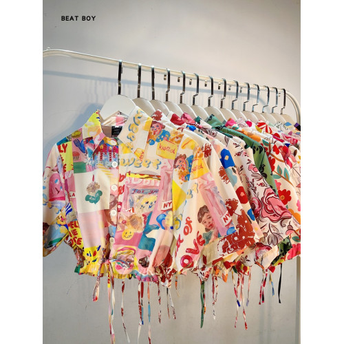 氛圍感甜辣港風復古短袖抽繩花襯衫女夏季2024新款別致小衆短襯衣