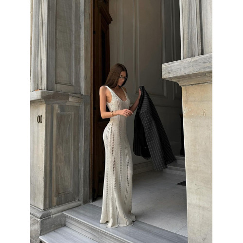 美式辣妹風性感露背深v吊帶連衣裙女修身顯瘦海邊度假針織長裙