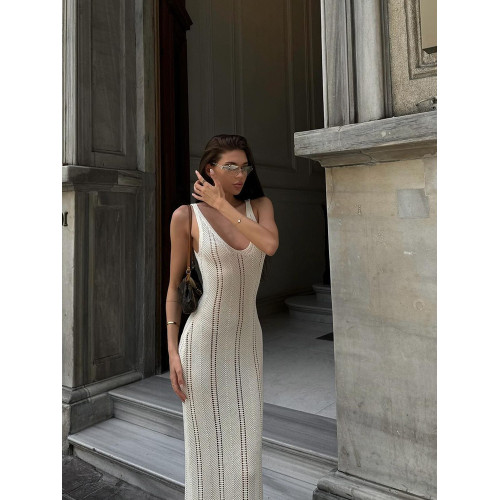 美式辣妹風性感露背深v吊帶連衣裙女修身顯瘦海邊度假針織長裙