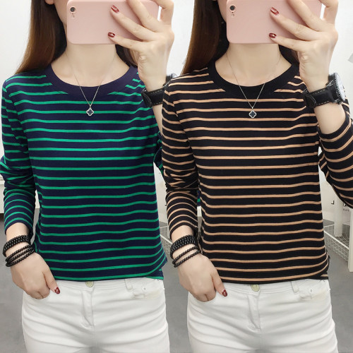 春秋裝2025年新款純棉長袖t恤女媽媽大碼女裝百搭上衣條紋打底衫