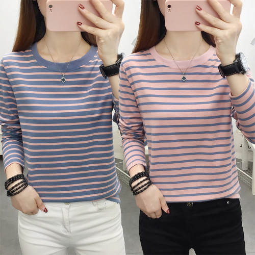 春秋裝2025年新款純棉長袖t恤女媽媽大碼女裝百搭上衣條紋打底衫