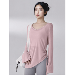 防曬衣罩衫v領瑜珈t恤褶皺抽繩運動長袖跑步健身服普拉提上衣女夏