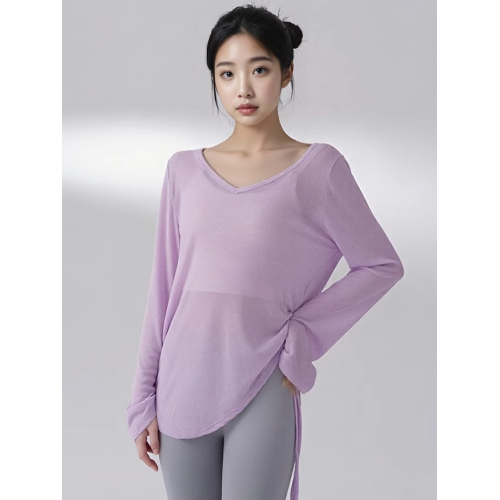 防曬衣罩衫v領瑜珈t恤褶皺抽繩運動長袖跑步健身服普拉提上衣女夏