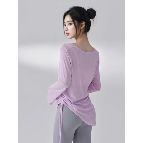 防曬衣罩衫v領瑜珈t恤褶皺抽繩運動長袖跑步健身服普拉提上衣女夏