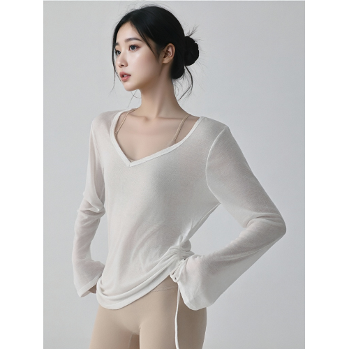 防曬衣罩衫v領瑜珈t恤褶皺抽繩運動長袖跑步健身服普拉提上衣女夏