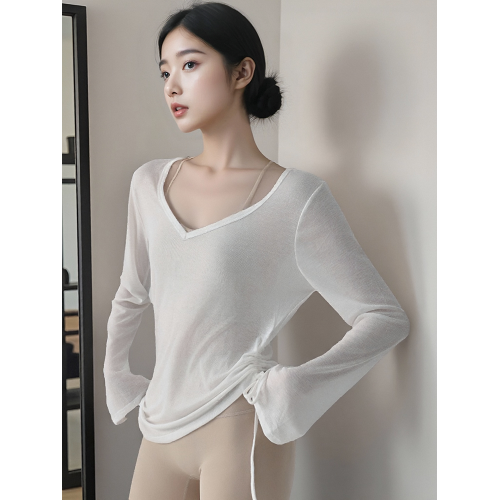 防曬衣罩衫v領瑜珈t恤褶皺抽繩運動長袖跑步健身服普拉提上衣女夏