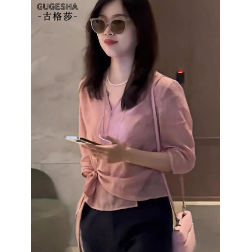 法式溫柔風不規則綁帶中袖襯衣女2025夏季款洋氣減齡寬鬆上衣小衫