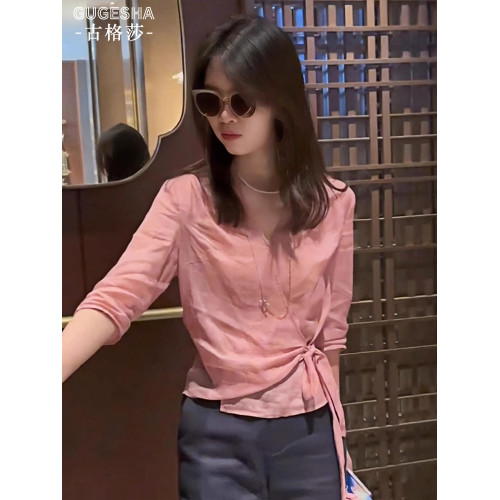 法式溫柔風不規則綁帶中袖襯衣女2025夏季款洋氣減齡寬鬆上衣小衫