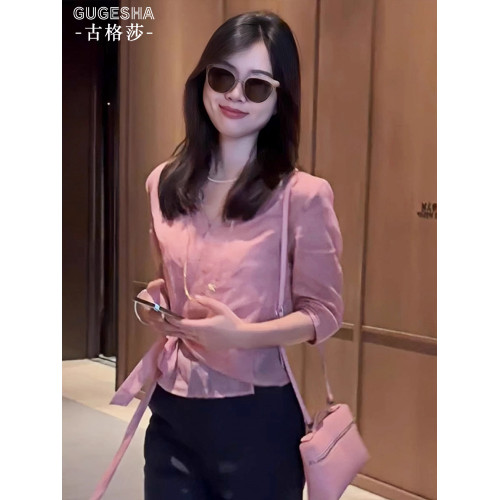 法式溫柔風不規則綁帶中袖襯衣女2025夏季款洋氣減齡寬鬆上衣小衫