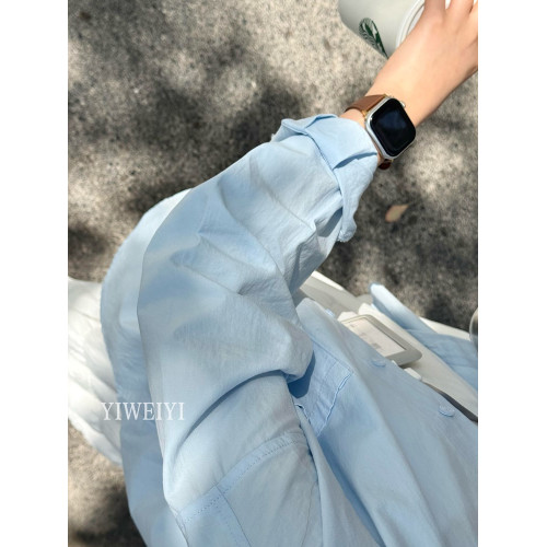 100%純棉藍色Polo領襯衫外套女夏防曬襯衣寬鬆休閒開衫長袖上衣