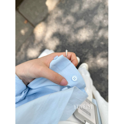 100%純棉藍色Polo領襯衫外套女夏防曬襯衣寬鬆休閒開衫長袖上衣