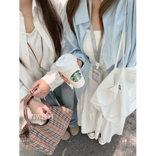 100%純棉藍色Polo領襯衫外套女夏防曬襯衣寬鬆休閒開衫長袖上衣