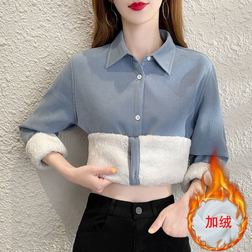 新款網紅純色加絨加厚襯衫女韓版休閒遮肚子百搭秋冬季保暖襯衣女