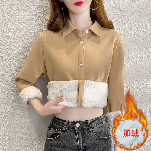 新款網紅純色加絨加厚襯衫女韓版休閒遮肚子百搭秋冬季保暖襯衣女