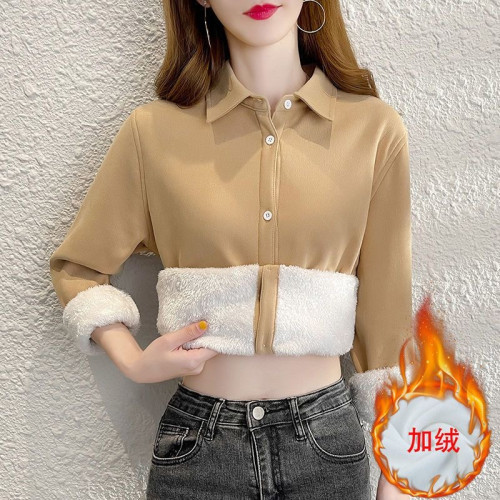 新款網紅純色加絨加厚襯衫女韓版休閒遮肚子百搭秋冬季保暖襯衣女