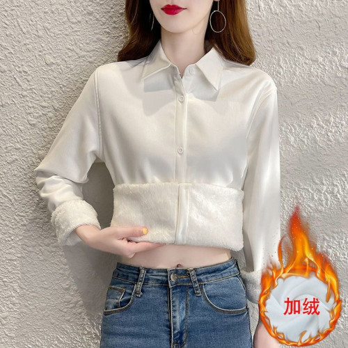 新款網紅純色加絨加厚襯衫女韓版休閒遮肚子百搭秋冬季保暖襯衣女