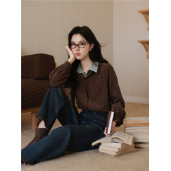 鹿向南「松茶可可」假兩件美拉德襯衫女秋冬氣質上衣通勤法式襯衣