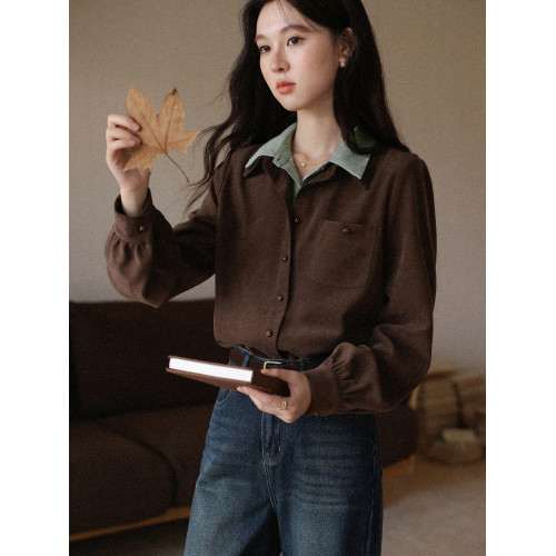 鹿向南「松茶可可」假兩件美拉德襯衫女秋冬氣質上衣通勤法式襯衣