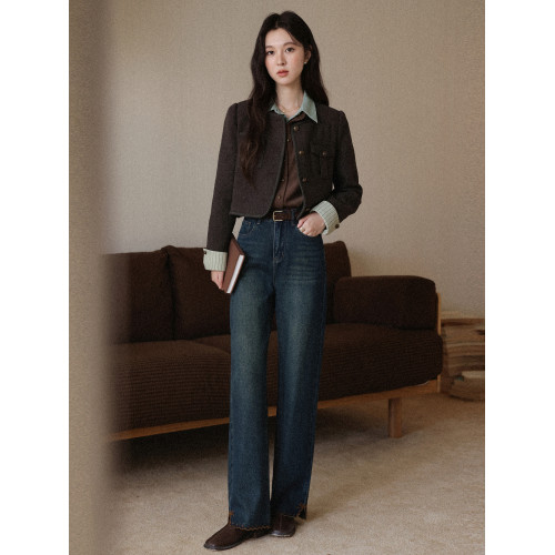 鹿向南「松茶可可」假兩件美拉德襯衫女秋冬氣質上衣通勤法式襯衣