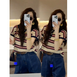 2025年夏季今年爆款套裝新款短袖條紋上衣+百搭牛仔短褲兩件套女