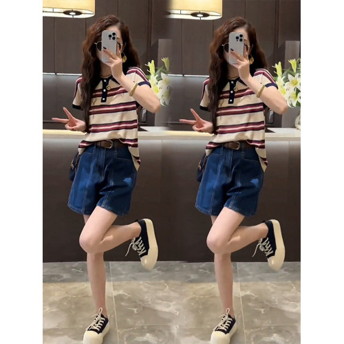 2025年夏季今年爆款套裝新款短袖條紋上衣+百搭牛仔短褲兩件套女