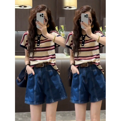 2025年夏季今年爆款套裝新款短袖條紋上衣+百搭牛仔短褲兩件套女