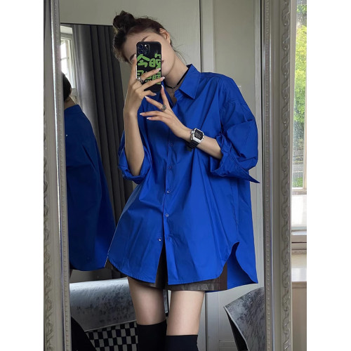 寬鬆克萊因藍襯衫女高級感港味休閒男友風開衫外套通勤曡穿上衣