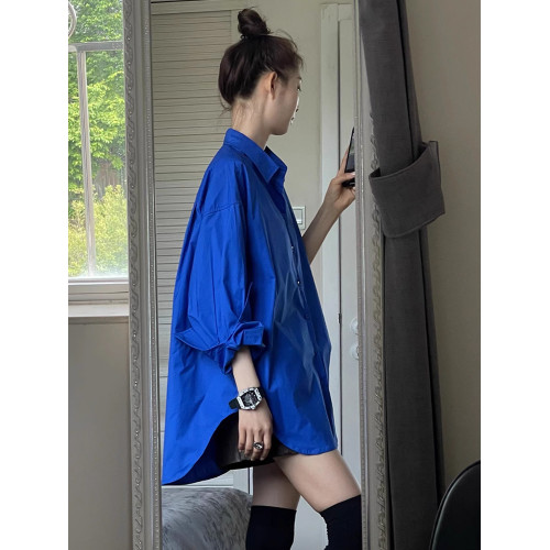 寬鬆克萊因藍襯衫女高級感港味休閒男友風開衫外套通勤曡穿上衣