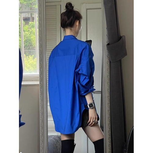 寬鬆克萊因藍襯衫女高級感港味休閒男友風開衫外套通勤曡穿上衣