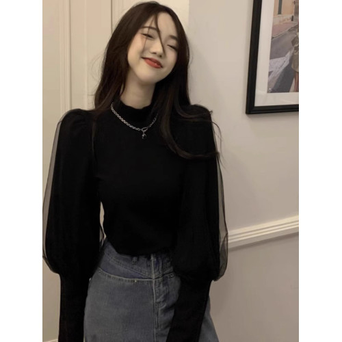 法式赫本風拼接網紗針織毛衣女2025年秋冬新款修身內搭打底衫上衣