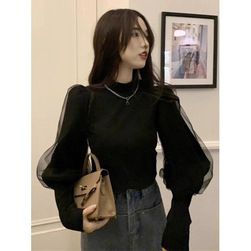 法式赫本風拼接網紗針織毛衣女2025年秋冬新款修身內搭打底衫上衣