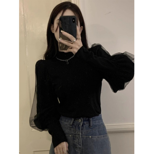 法式赫本風拼接網紗針織毛衣女2025年秋冬新款修身內搭打底衫上衣