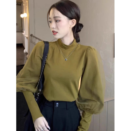 法式赫本風拼接網紗針織毛衣女2025年秋冬新款修身內搭打底衫上衣